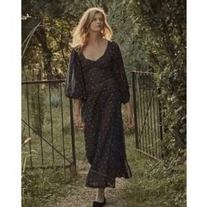 Doen Carolina Navy Maxi Dress Organic Cotton Carnation Embroidered Print Size S